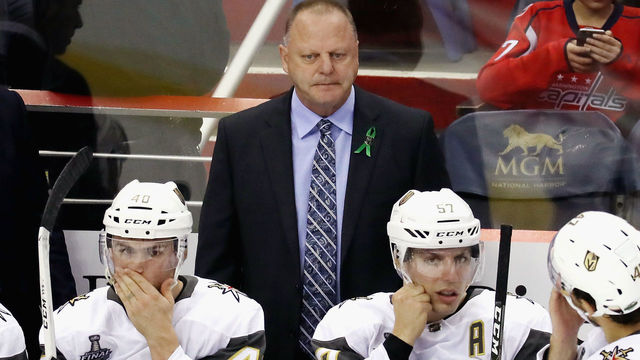 WASHINGTON, DC - JUNE 02: Head coach Gerard Gallant of the Vegas Golden Knights looks on in Game Three of the 2018 NHL Stanley Cup Final against the Washington Capitals at Capital One Arena on June 2, 2018 in Washington, DC.
