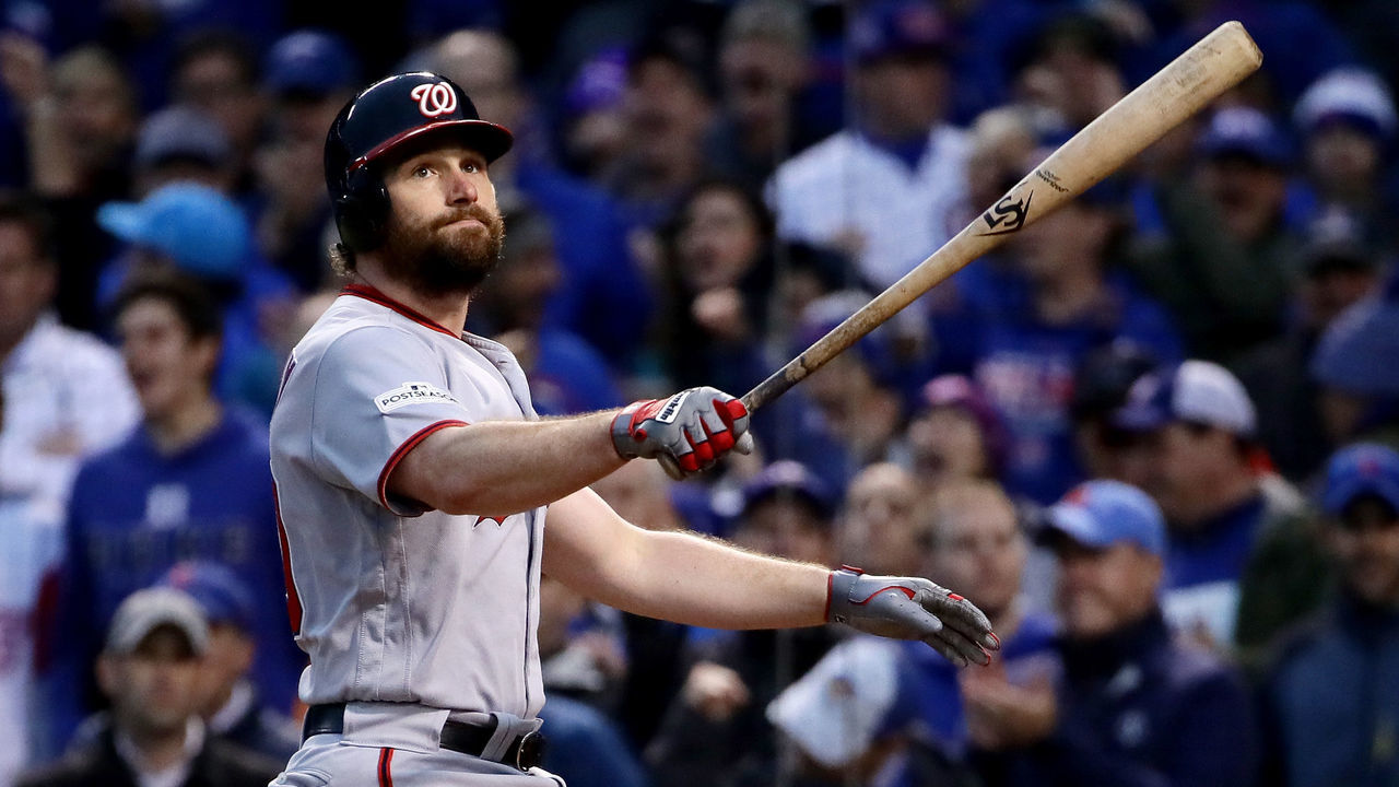 CHICAGO, IL - OCTOBER 11: Daniel Murphy #20 of the Washington Nationals reacts after striking out in the fifth inning during game four of the National League Division Series against the Chicago Cubs at Wrigley Field on October 11, 2017 in Chicago, Illinois.