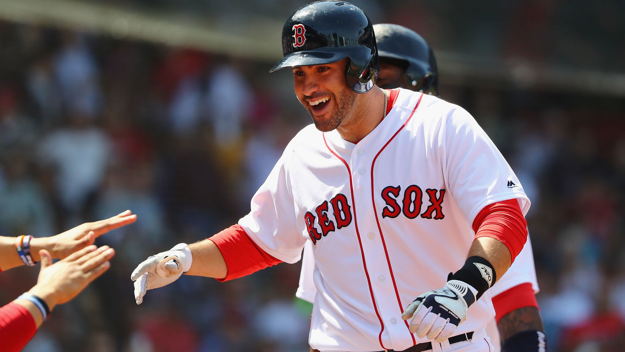 BOSTON, MA - MAY 02: J.D. Martinez #28 of the Boston Red Sox celebrates after hitting a two-run home run during the fourth inning against the Kansas City Royals at Fenway Park on May 2, 2018 in Boston, Massachusetts.