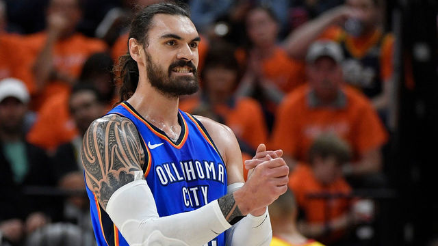 SALT LAKE CITY, UT - APRIL 21: Steven Adams #12 of the Oklahoma City Thunder reacts to a play in the first half during Game Three of Round One of the 2018 NBA Playoffs against the Utah Jazz at Vivint Smart Home Arena on April 21, 2018 in Salt Lake City, Utah.