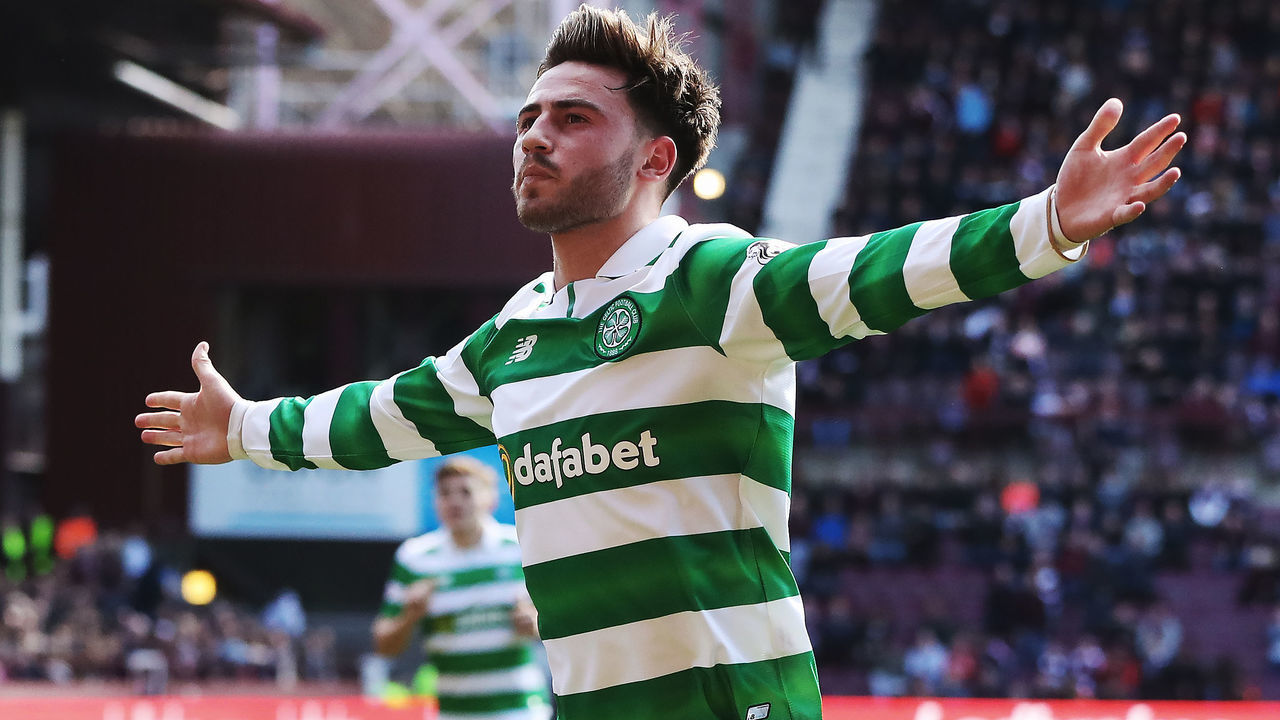 EDINBURGH, SCOTLAND - APRIL 02: Patrick Roberts of Celtic celebrates after he scores his team's fourth goal during the Ladbrokes Premiership match between Hearts and Celtic at Tynecastle Stadium on April 2, 2017 in Edinburgh, Scotland.