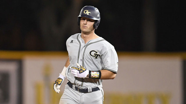 CORAL GABLES, FL - MARCH 10: Georgia Tech catcher Joey Bart (9) hit a two run home run during a college baseball game between the Georgia Tech Yellow Jackets and the University of Miami Hurricanes on March 10, 2017 at Alex Rodriguez Park at Mark Light Field, Coral Gables, Florida. Miami defeated Tech 10-8.