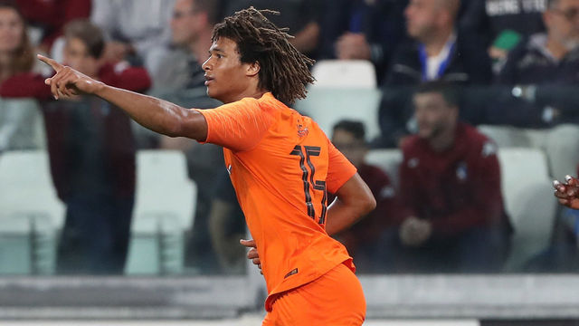 TURIN, ITALY - JUNE 04: Nathan Ake of Holland celebrates after scoring the equalizing goal during the International Friendly match between Italy and Netherlands at Allianz Stadium on June 4, 2018 in Turin, Italy.