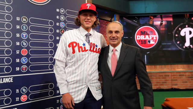 SECAUCUS, NJ - JUNE : Major League Baseball Commissioner Robert D. Manfred Jr. poses for a photo with third overall selection in the 2018 MLB Draft Alec Bohm during the 2018 Major League Baseball Draft at Studio 42 at the MLB Network on Monday, June 4, 2018 in Secaucus, New Jersey.