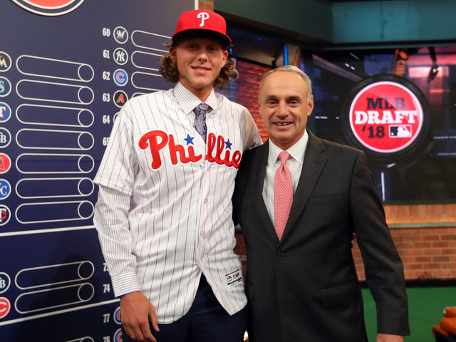 SECAUCUS, NJ - JUNE : Major League Baseball Commissioner Robert D. Manfred Jr. poses for a photo with third overall selection in the 2018 MLB Draft Alec Bohm during the 2018 Major League Baseball Draft at Studio 42 at the MLB Network on Monday, June 4, 2018 in Secaucus, New Jersey.