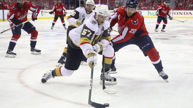 WASHINGTON, DC - JUNE 02: David Perron #57 of the Vegas Golden Knights skates against Lars Eller #20 of the Washington Capitals in Game Three of the 2018 NHL Stanley Cup Final at Capital One Arena on June 2, 2018 in Washington, DC.