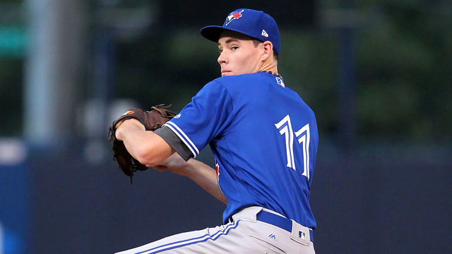 TAMPA, FL - AUGUST 03: Carter Stewart (11) of Eau Gallie HS (FL) delivers a pitch to the plate during the East Coast Pro Showcase on August 03, 2017, at Steinbrenner Field in Tampa, FL.