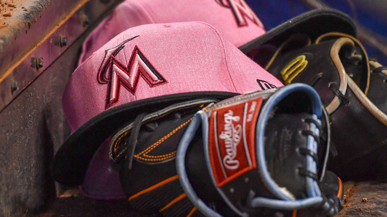 MIAMI, FL - MAY 13: A detailed view of the New Era Mother's Day cap of the Miami Marlins during the game between the Miami Marlins and the Atlanta Braves at Marlins Park on May 13, 2018 in Miami, Florida.
