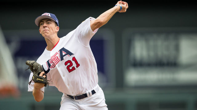 MINNEAPOLIS, MN- AUGUST 27: Matthew Liberatore #21 of the USA Baseball 18U National Team pitches against Iowa Western CC on August 27, 2017 at Target Field in Minneapolis, Minnesota.