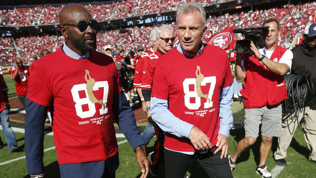 SANTA CLARA, CA - OCTOBER 22: Jerry Rice and Joe Montana stand on the field during a halftime ceremony horning Dwight Clark during the game between the San Francisco 49ers and the Dallas Cowboys at Levi's Stadium on October 22, 2017 in Santa Clara, California. The Cowboys defeated the 49ers 40-10.