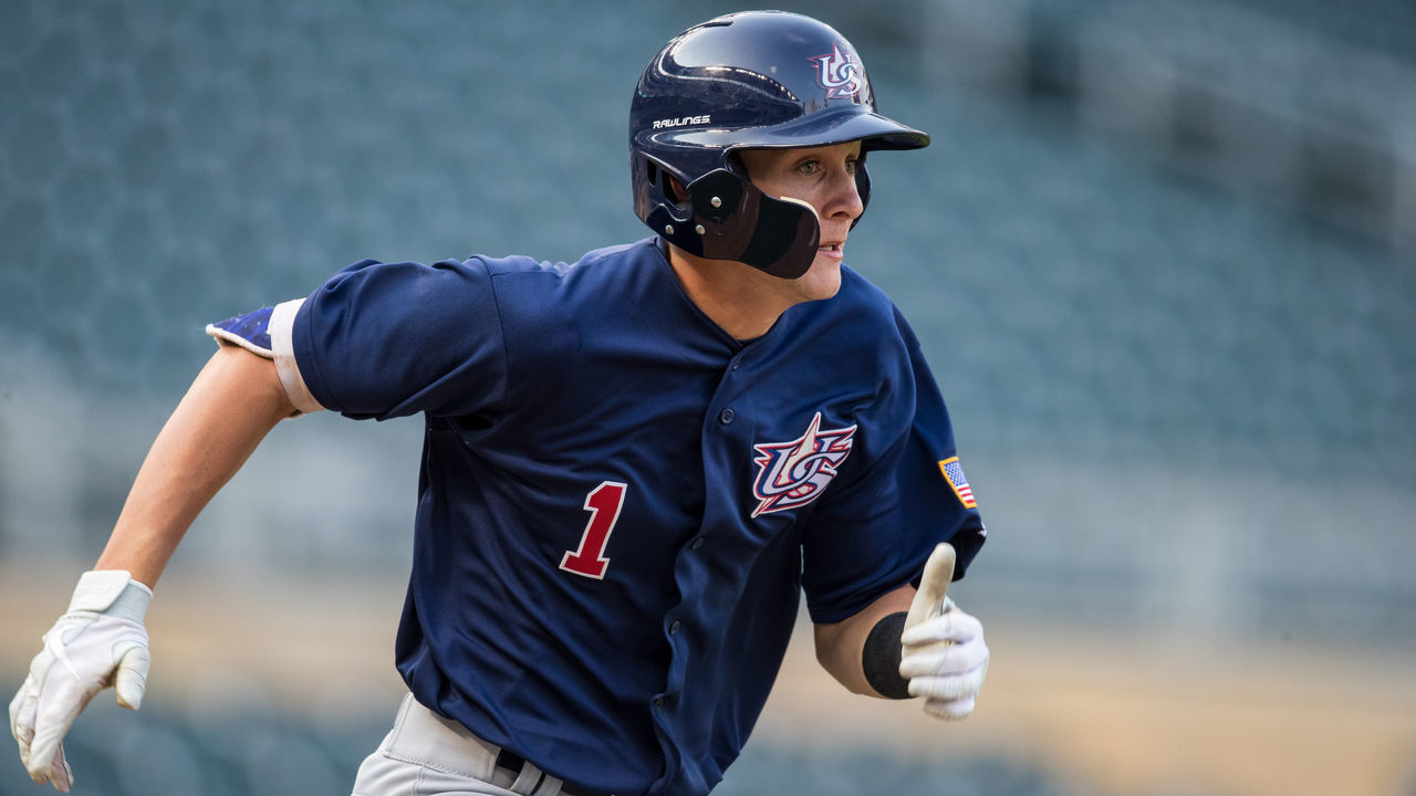 MINNEAPOLIS, MN- AUGUST 24: Brice Turang #1 of the USA Baseball 18U National Team bats during the national team trials on August 24, 2017 at Target Field in Minneapolis, Minnesota.