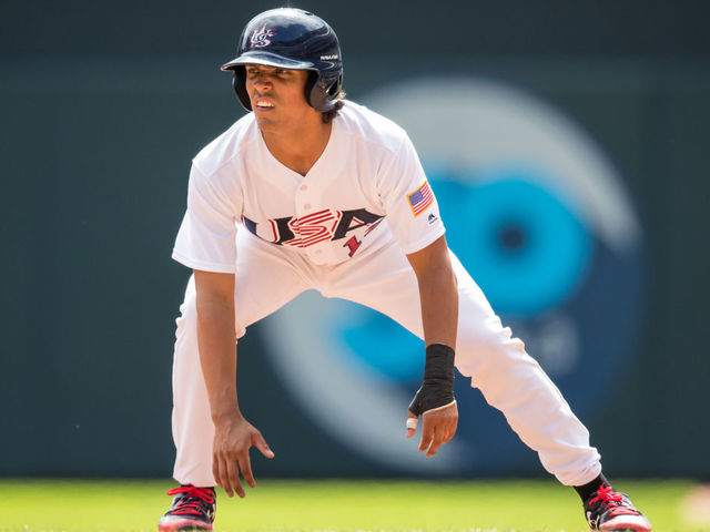 MINNEAPOLIS, MN- AUGUST 27: Anthony Seigler #12 of the USA Baseball 18U National Team runs against Iowa Western CC on August 27, 2017 at Target Field in Minneapolis, Minnesota.