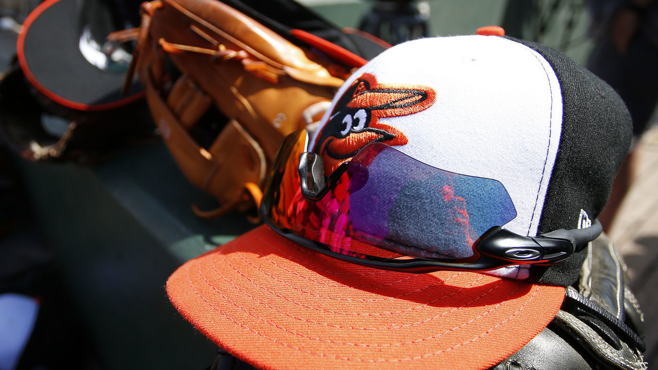 SARASOTA, FL- MARCH 08: A Baltimore Orioles hat is seen against the Toronto Blue Jays on March 8, 2017 at Ed Smith Stadium in Sarasota, Florida. *** Local Caption ***