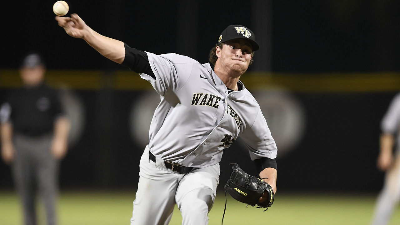 CORAL GABLES, FL - MARCH 31: Wake Forest right handed pitcher Griffin Roberts (43) pitches during a college baseball game between the Wake Forest University Demon Deacons and the University of Miami Hurricanes on March 31, 2017 at Alex Rodriguez Park at Mark Light Field, Coral Gables, Florida. Wake Forest defeated Miami 2-1.