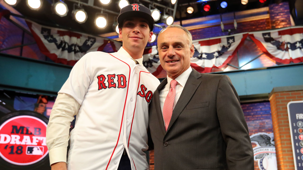 SECAUCUS, NJ - JUNE : Triston Casas poses for a photo with Major League Baseball Commissioner Robert D. Manfred Jr. after being selected 26th overall by the Boston Red Sox during the 2018 Major League Baseball Draft at Studio 42 at the MLB Network on Monday, June 4, 2018 in Secaucus, New Jersey.