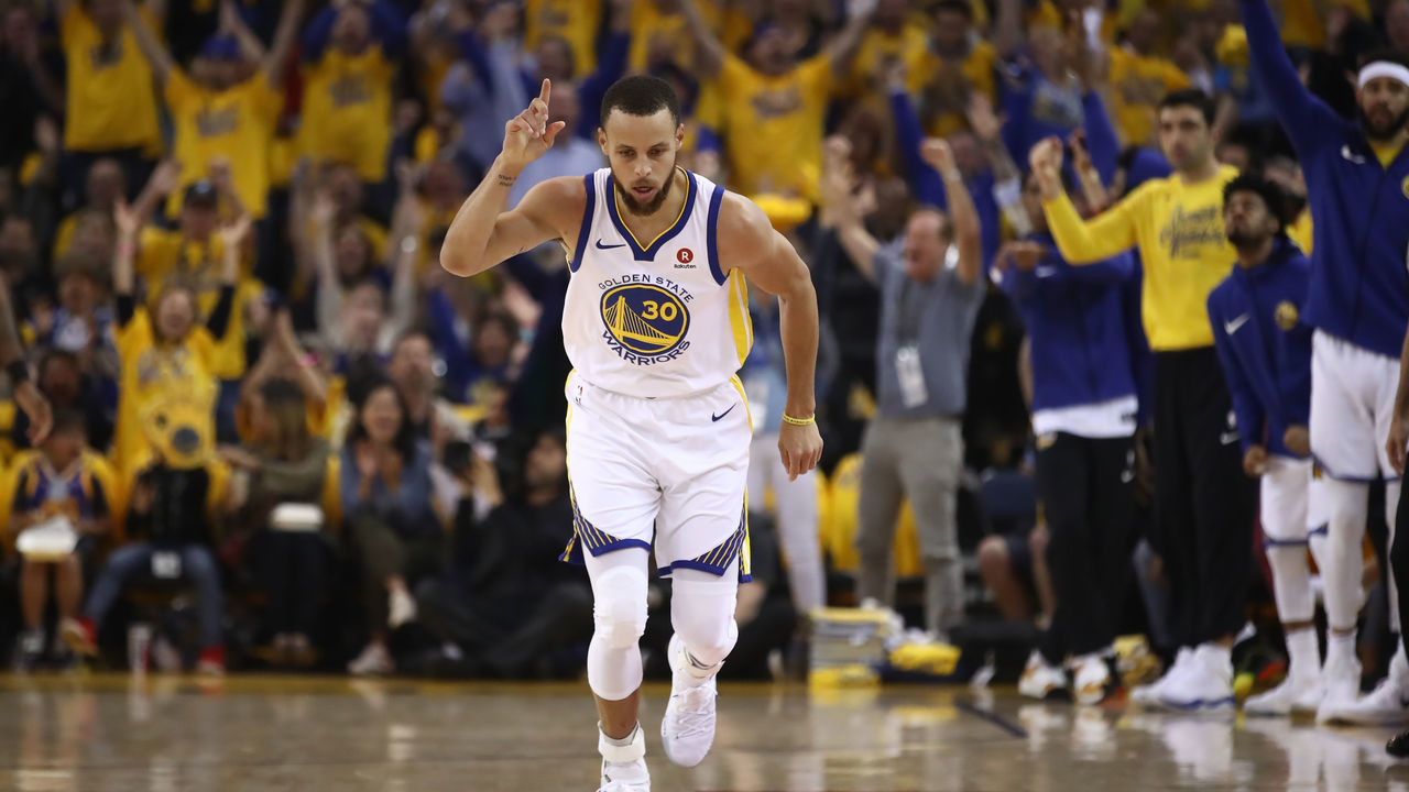 OAKLAND, CA - MAY 26: Stephen Curry #30 of the Golden State Warriorsreacts after a three-point basket against the Houston Rockets during Game Six of the Western Conference Finals in the 2018 NBA Playoffs at ORACLE Arena on May 26, 2018 in Oakland, California.