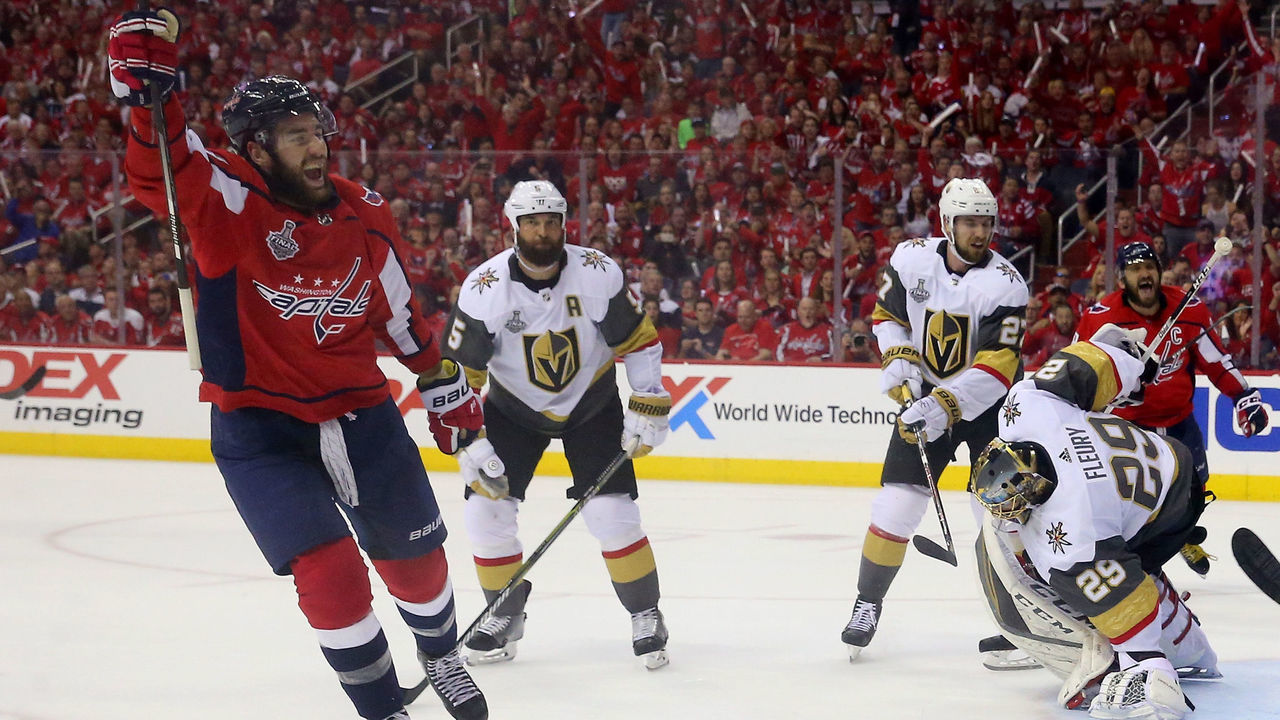 WASHINGTON, DC - JUNE 04: Tom Wilson #43 of the Washington Capitals celebrates as he scores a second-period goal past Marc-Andre Fleury #29 of the Vegas Golden Knights in Game Four of the 2018 NHL Stanley Cup Final at Capital One Arena on June 4, 2018 in Washington, DC.