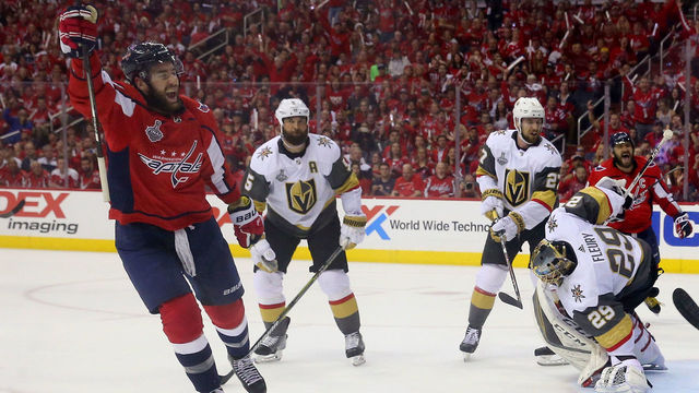 WASHINGTON, DC - JUNE 04: Tom Wilson #43 of the Washington Capitals celebrates as he scores a second-period goal past Marc-Andre Fleury #29 of the Vegas Golden Knights in Game Four of the 2018 NHL Stanley Cup Final at Capital One Arena on June 4, 2018 in Washington, DC.