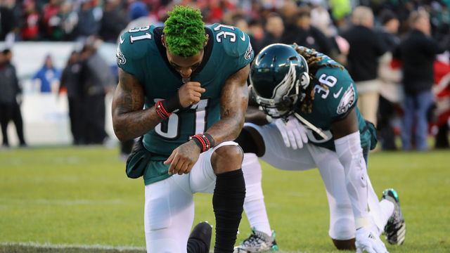 PHILADELPHIA, PA - JANUARY 13: Cornerback Jalen Mills #31 and defensive back Randall Goforth #36 of the Philadelphia Eagles take a knee in the endzone before playing against the Atlanta Falcons in the NFC Divisional Playoff game at Lincoln Financial Field on January 13, 2018 in Philadelphia, Pennsylvania.