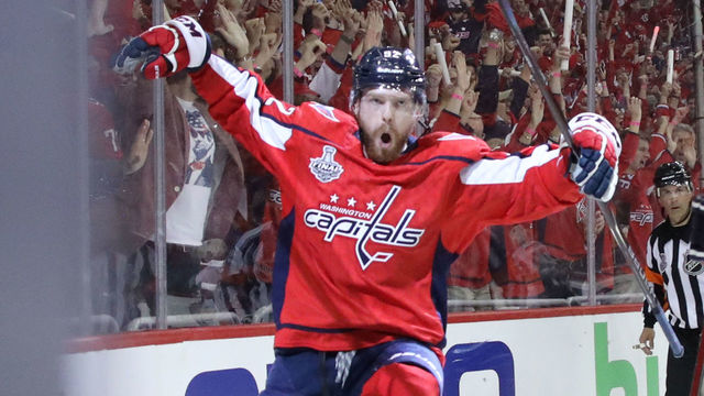 WASHINGTON, DC - JUNE 02: Evgeny Kuznetsov #92 of the Washington Capitals celebrates his second-period goal against the Vegas Golden Knights in Game Three of the 2018 NHL Stanley Cup Final at Capital One Arena on June 2, 2018 in Washington, DC.