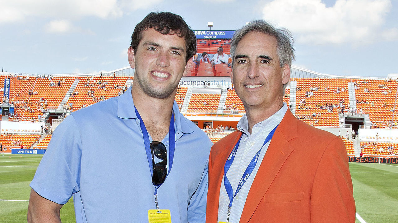 HOUSTON, TX - MAY 12: Former Dynamo President Oliver Luck (R) and his son Andrew Luck, first round pick in the NFL by the Indianapolis Colts during pre-game activity at the inaugural opening at BBVA Compass Stadium on May 12, 2012 in Houston, Texas.
