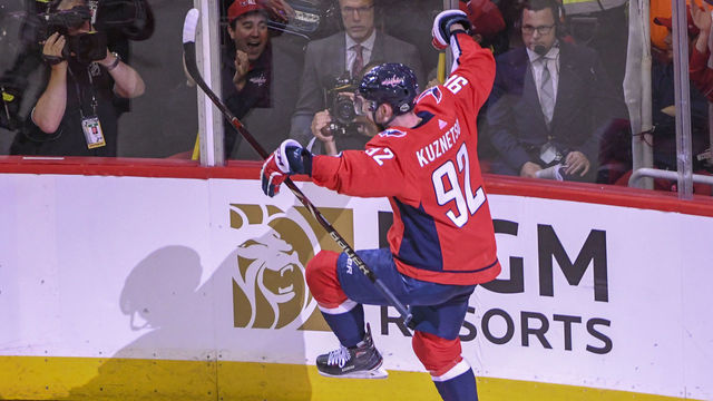 WASHINGTON, DC - JUNE 02: Washington Capitals center Evgeny Kuznetsov (92) reacts after scoring a second period goal against the Vegas Golden Knights on June 2, 2018, at the Capital One Arena in Washington, D.C. in Game 3 of the Stanley Cup Playoffs.