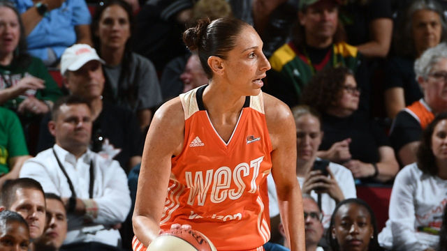 SEATTLE, WA - JULY 22: Diana Taurasi of the Western Conference All-Stars handles the ball against Eastern Conference All-Stars during the Verizon WNBA All-Star Game 2017 at KeyArena on July 22, 2017 in Seattle, Washington.