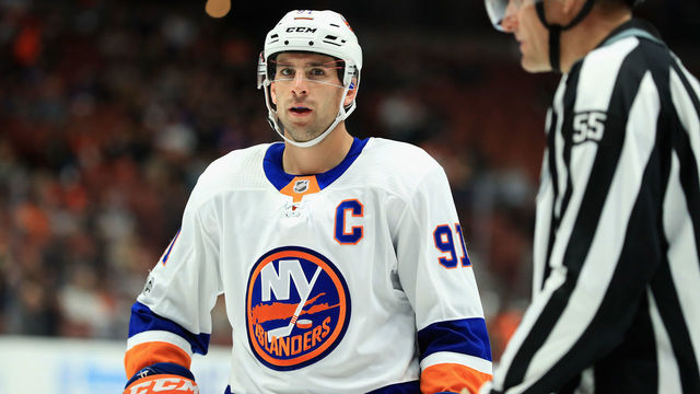 ANAHEIM, CA - OCTOBER 11: John Tavares #91 of the New York Islanders looks on during the third period of a game against the Anaheim Ducks at Honda Center on October 11, 2017 in Anaheim, California.