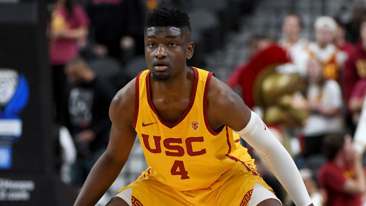LAS VEGAS, NV - MARCH 08: Chimezie Metu #4 of the USC Trojans stands on the court during a quarterfinal game of the Pac-12 basketball tournament against the Oregon State Beavers at T-Mobile Arena on March 8, 2018 in Las Vegas, Nevada. The Trojans won 61-48.