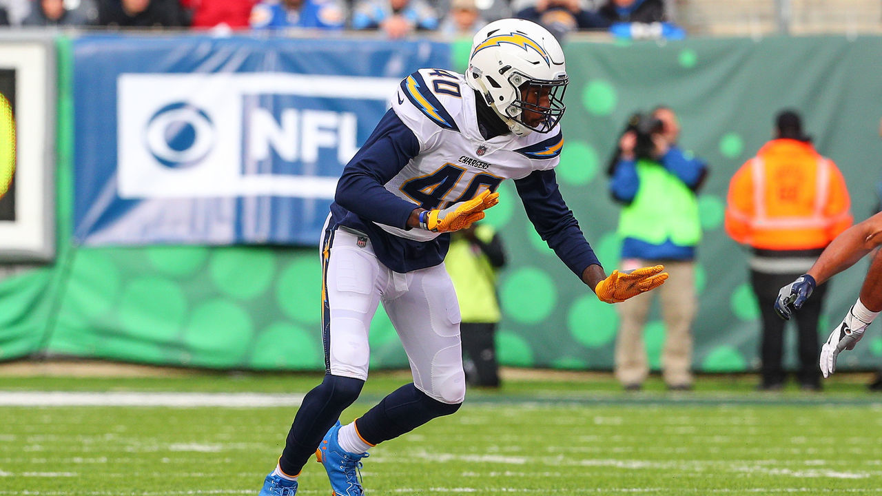 EAST RUTHERFORD, NJ - DECEMBER 24: Los Angeles Chargers defensive end Chris McCain (40) during the National Football League game between the New York Jets and the Los Angeles Chargers on December 24, 2017, at MetLife Stadium in East Rutherford, NJ.