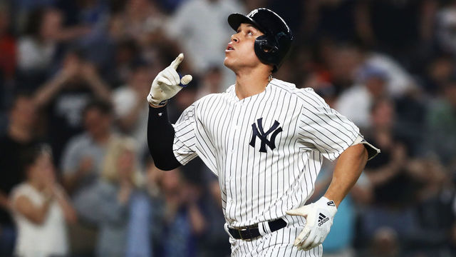 NEW YORK, NY - MAY 29: Aaron Judge #99 of the New York Yankees rounds the bases after hitting a home run against Charlie Morton #50 of the Houston Astros in the fifth inning during their game at Yankee Stadium on May 29, 2018 in New York City.