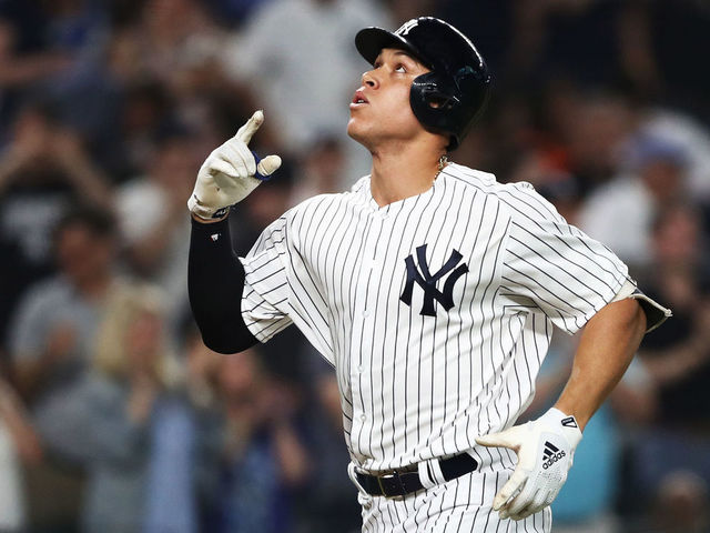 NEW YORK, NY - MAY 29: Aaron Judge #99 of the New York Yankees rounds the bases after hitting a home run against Charlie Morton #50 of the Houston Astros in the fifth inning during their game at Yankee Stadium on May 29, 2018 in New York City.