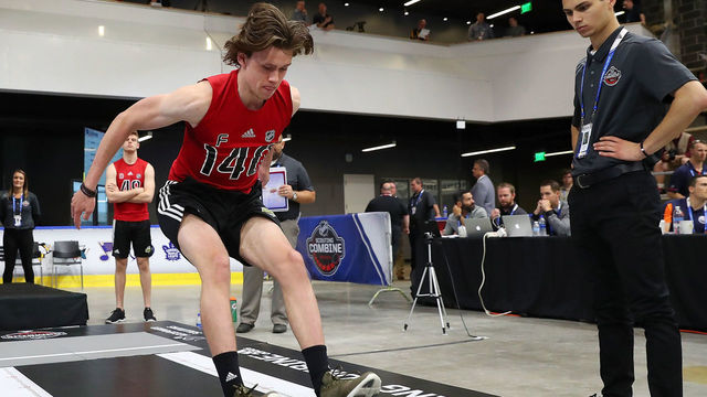 BUFFALO, NY - JUNE 2: Dominik Bokk performs the standing long jump during the NHL Scouting Combine on June 2, 2018 at HarborCenter in Buffalo, New York.