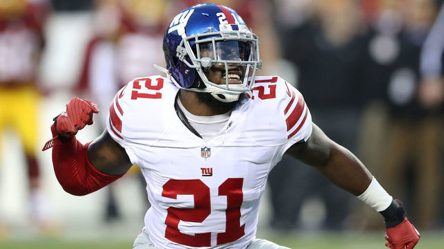 LANDOVER, MD - JANUARY 01: Strong safety Landon Collins #21 of the New York Giants reacts after sacking quarterback Kirk Cousins #8 of the Washington Redskins (not pictured) in the first quarter at FedExField on January 1, 2017 in Landover, Maryland.