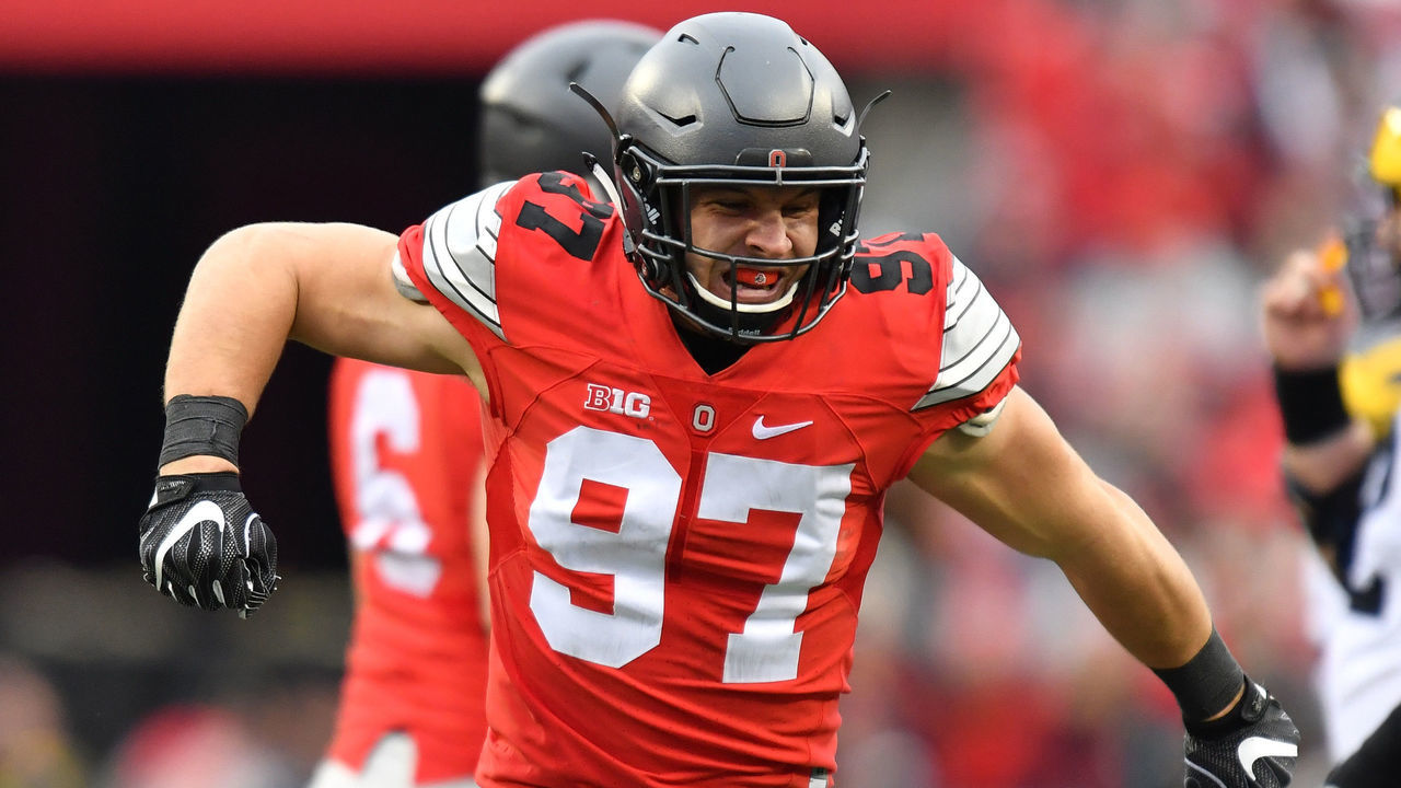 COLUMBUS, OH - NOVEMBER 26: Nick Bosa #97 of the Ohio State Buckeyes celebrates a sack against the Michigan Wolverines at Ohio Stadium on November 26, 2016 in Columbus, Ohio.