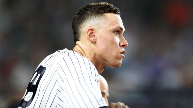 NEW YORK, NY - MAY 29: Aaron Judge #99 of the New York Yankees looks on against the Houston Astros during their game at Yankee Stadium on May 29, 2018 in New York City.