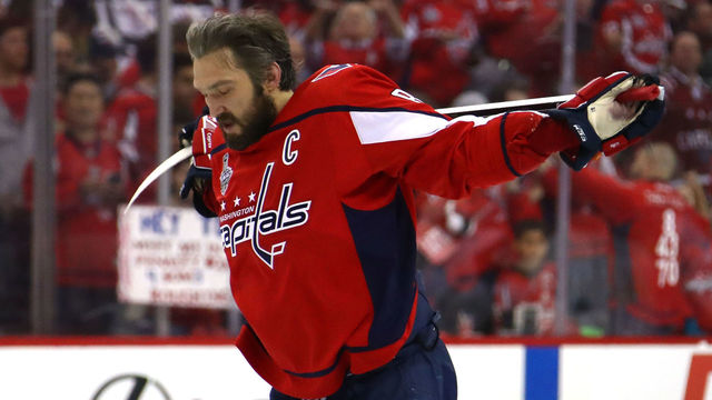 WASHINGTON, DC - JUNE 04: Alex Ovechkin #8 of the Washington Capitals skates in warm-ups prior to the game against Vegas Golden Knights in Game Four of the 2018 NHL Stanley Cup Final at Capital One Arena on June 4, 2018 in Washington, DC.
