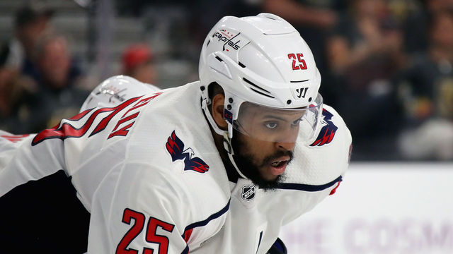 LAS VEGAS, NV - MAY 28: Devante Smith-Pelly #25 of the Washington Capitals looks on against the Vegas Golden Knights in Game One of the 2018 NHL Stanley Cup Final at T-Mobile Arena on May 28, 2018 in Las Vegas, Nevada.