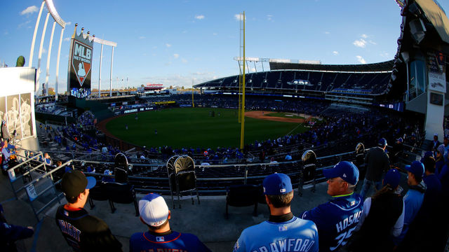 KANSAS CITY, MO - OCTOBER 28: Fans walk look on from the outfield prior to Game Two of the 2015 World Series between the New York Mets and the Kansas City Royals at Kauffman Stadium on October 28, 2015 in Kansas City, Missouri.