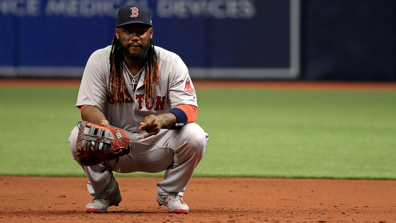 ST PETERSBURG, FL - MARCH 29: Hanley Ramirez #13 of the Boston Red Sox looks on during a game against the Tampa Bay Rays on Opening Day at Tropicana Field on March 29, 2018 in St Petersburg, Florida.