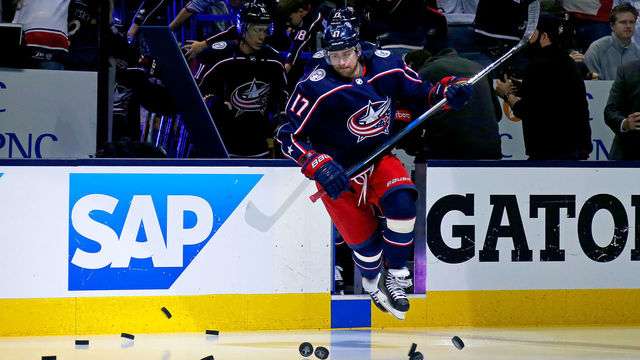 COLUMBUS, OH - APRIL 19: Brandon Dubinsky #17 of the Columbus Blue Jackets jumps out onto the ice for pregame warmups prior to the start of Game Four of the Eastern Conference First Round during the 2018 NHL Stanley Cup Playoffs against the Washington Capitals on April 19, 2018 at Nationwide Arena in Columbus, Ohio.
