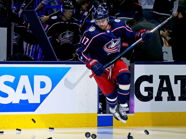COLUMBUS, OH - APRIL 19: Brandon Dubinsky #17 of the Columbus Blue Jackets jumps out onto the ice for pregame warmups prior to the start of Game Four of the Eastern Conference First Round during the 2018 NHL Stanley Cup Playoffs against the Washington Capitals on April 19, 2018 at Nationwide Arena in Columbus, Ohio.
