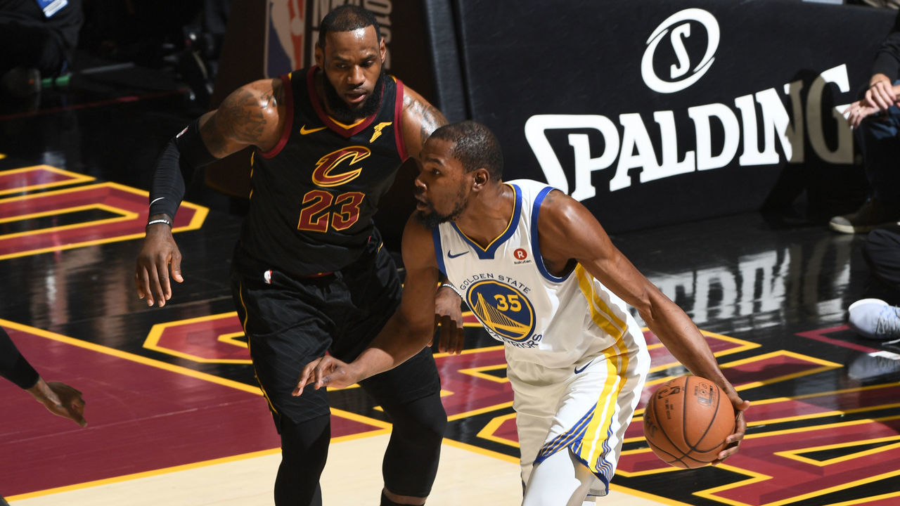 CLEVELAND, OH - JUNE 6: Kevin Durant #35 of the Golden State Warriors handles the ball against LeBron James #23 of the Cleveland Cavaliers during Game Three of the 2018 NBA Finals on June 6, 2018 at Quicken Loans Arena in Cleveland, Ohio. Mandatory Copyright Notice: Copyright 2018 NBAE
