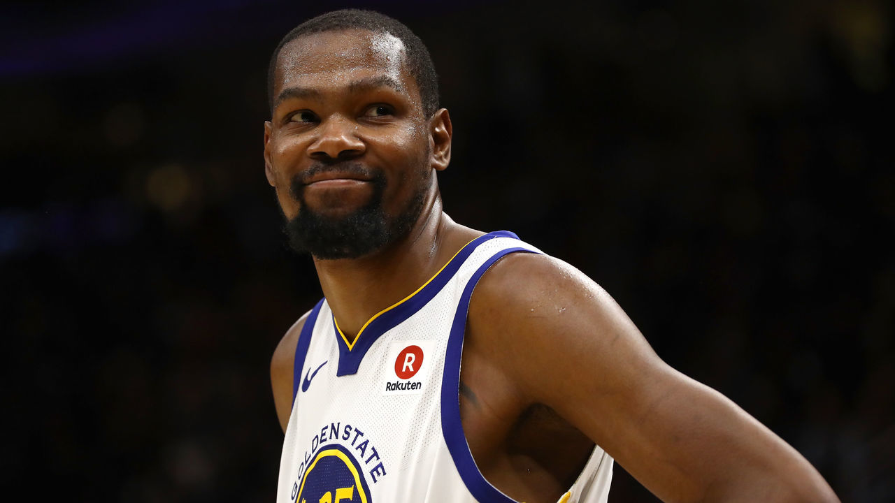 CLEVELAND, OH - JUNE 06: Kevin Durant #35 of the Golden State Warriors reacts against the Cleveland Cavaliers in the second half during Game Three of the 2018 NBA Finals at Quicken Loans Arena on June 6, 2018 in Cleveland, Ohio.