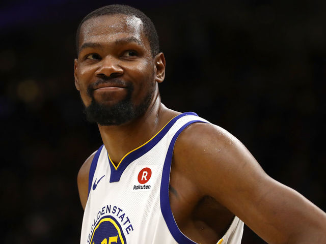 CLEVELAND, OH - JUNE 06: Kevin Durant #35 of the Golden State Warriors reacts against the Cleveland Cavaliers in the second half during Game Three of the 2018 NBA Finals at Quicken Loans Arena on June 6, 2018 in Cleveland, Ohio.