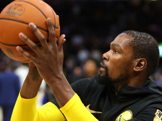 CLEVELAND, OH - JUNE 06: Kevin Durant #35 of the Golden State Warriors warms up prior to Game Three of the 2018 NBA Finals against the Cleveland Cavaliers at Quicken Loans Arena on June 6, 2018 in Cleveland, Ohio.