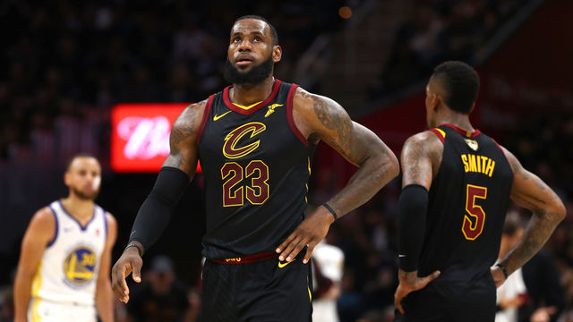 CLEVELAND, OH - JUNE 06: LeBron James #23 of the Cleveland Cavaliers reacts against the Golden State Warriors in the second quarter during Game Three of the 2018 NBA Finals at Quicken Loans Arena on June 6, 2018 in Cleveland, Ohio.