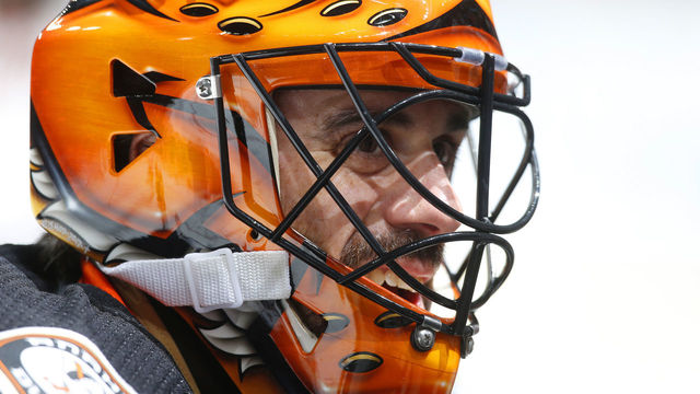 ANAHEIM, CA - JANUARY 23: Ryan Miller #30 of the Anaheim Ducks skates in warm-ups prior to the game against the New York Rangers on January 23, 2018 at Honda Center in Anaheim, California.