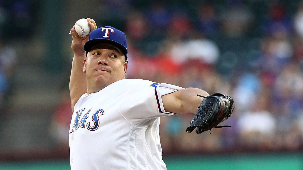 ARLINGTON, TX - JUNE 06: Bartolo Colon #40 of the Texas Rangers at Globe Life Park in Arlington on June 6, 2018 in Arlington, Texas.