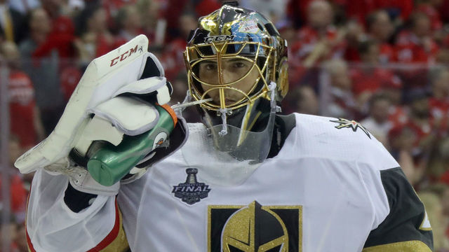 WASHINGTON, DC - JUNE 04: Marc-Andre Fleury #29 of the Vegas Golden Knights grabs a drink of water during a time-out against the Washington Capitals during the third period in Game Four of the 2018 NHL Stanley Cup Final at Capital One Arena on June 4, 2018 in Washington, DC.